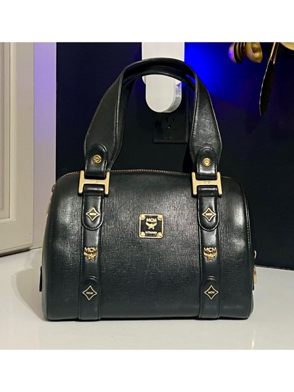 MCM Black Leather Boston Bag With Gold Hardware Top Handles & Zip Closure Stylis
